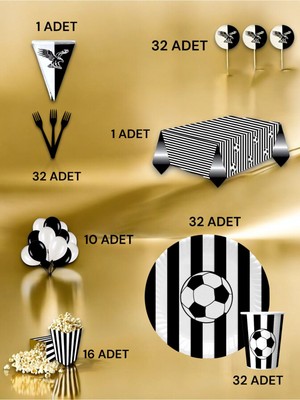 VibeHome 32 Kişilik Siyah Beyaz Taraftar Lü x  Set - Doğum Günü Parti ve Eğlenceli Etkinlikler