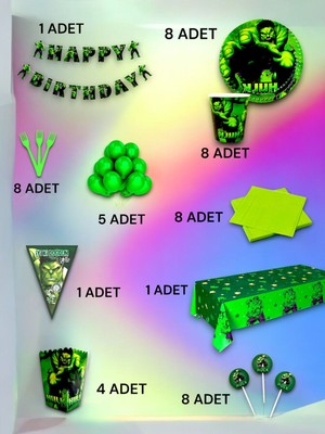 VibeHome 8 Kişilik Hulk Temalı Ultra Lü x  Set - Doğum Günü Parti ve Eğlenceli Etkinlikler