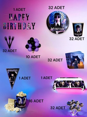 VibeHome 32 Kişilik Wednesday Temalı Ultra Lü x  Set - Doğum Günü Parti ve Eğlenceli Etkinlikler