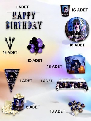 VibeHome 16 Kişilik Wednesday Temalı Ultra Lü x  Set - Doğum Günü Parti ve Eğlenceli Etkinlikler