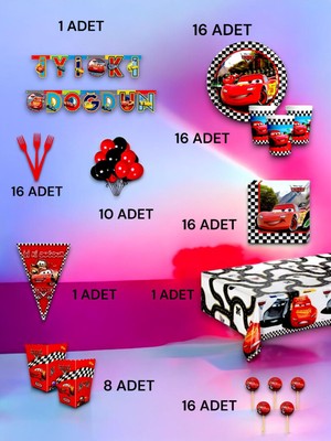 VibeHome 16 Kişilik Cars Temalı Ultra Lü x  Set - Doğum Günü Parti ve Eğlenceli Etkinlikler