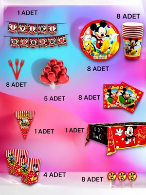 VibeHome 8 Kişilik Mickey Mouse Temalı Ultra Lü x  Set - Doğum Günü Parti ve Eğlenceli Etkinlikler