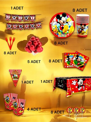 VibeHome 8 Kişilik Mickey Mouse Temalı Ultra Lü x  Set - Doğum Günü Parti ve Eğlenceli Etkinlikler