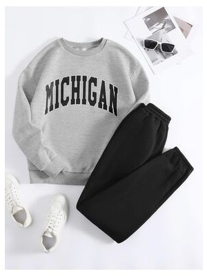 Michigan Siyah Jogger Gri Sweatshirt Alt Üst Eşofman Takımı Oversize Bisiklet Yaka