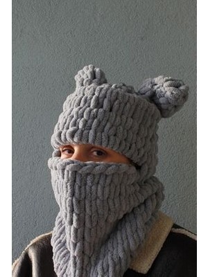 El Örgüsü Yumuşak Ayıcık Kulak Model Puffy Kar Maskesi Balaclava/balaklava Bere
