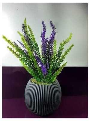 Saksıda Yapay Çiçek Mor , Yeşil Lavanta Demeti Taş Yosunlu Mini Saksı Aranjman 25 cm