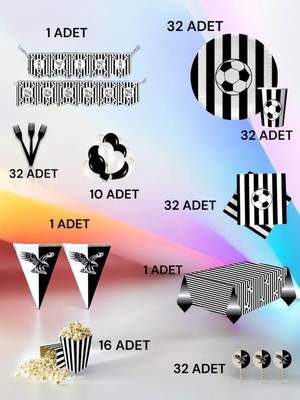VibeHome 32 Kişilik Siyah Beyaz Temalı Ultra Lü x  Set - Doğum Günü Parti ve Eğlenceli Etkinlikler