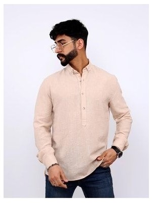 Erkek Yarım Düğmeli Gömlek Yaka Tunik-Pudra HMD0007