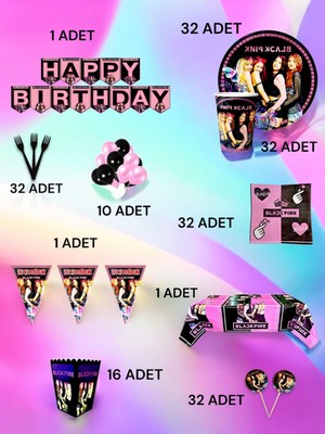 VibeHome 32 Kişilik Black Pink Temalı Ultra Lü x  Set - Doğum Günü Parti ve Eğlenceli Etkinlikler