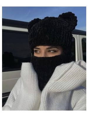 Siyah Puffy Kar Maskesi, Yeni Trend, Bere , Yeni Moda , El Yapımı,balaclava