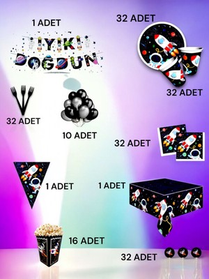 VibeHome 32 Kişilik Uzay Temalı Ultra Lü x  Set - Doğum Günü Parti ve Eğlenceli Etkinlikler