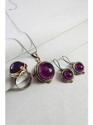 925 Ayar Gümüş Doğal Taşlı 3 Lü Set (Ayarlanabilir Yüzük Ölçüsü)