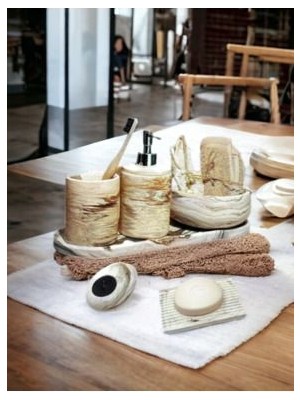 Bej Marble Serisi 6'lı Banyo Seti, Sıvı Sabunluk Diş Fırçalığı Beton Aksesuar Takım