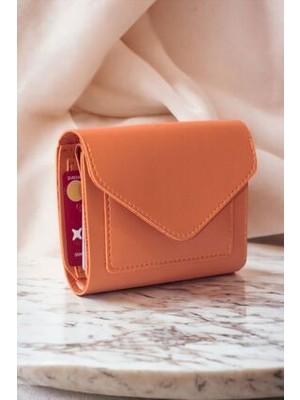 Kadın Yumuşak Derili Çıtçıtlı ve Fermuarlı Şık Turuncu Cüzdan Kartlık Aksesuar