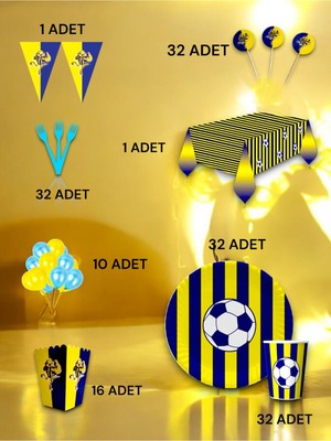 VibeHome 32 Kişilik Lacivert Sarı Taraftar Lü x  Set - Doğum Günü Parti ve Eğlenceli Etkinlikler