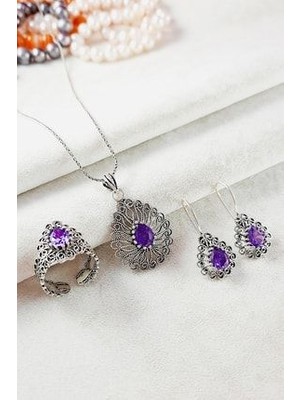 925 Ayar Gümüş Telkari Oksitli Ametist Taşlı 3lü Set 45 cm Zincir Ayarlanabilir Yüzük Ölçüsü