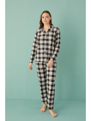Kadın 20501-582 Uzun Kol Önü Düğmeli Süet Pijama Takımı Siyah-Beyaz