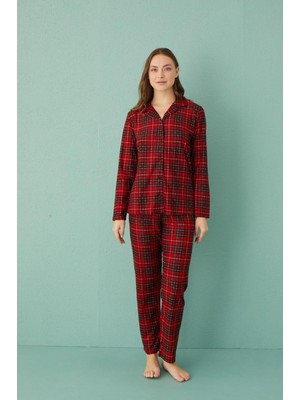 Kadın 20501-321 Uzun Kol Boydan Düğmeli Süet Pijama Takımı Kırmızı-Siyah