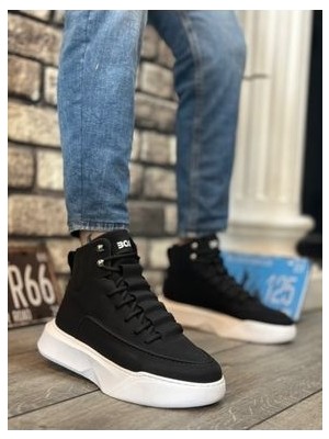 BA0321 Gizli Bağcıklı Erkek Yüksek Taban Siyah Beyaz Spor Bot