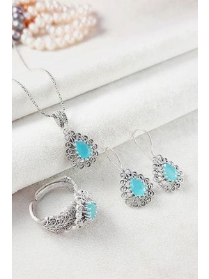 925 Ayar Gümüş Oksitli Telkari Takım Doğal Taşlı 45 cm Zincir