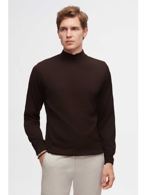 D'S Damat Ds Damat Regular Fit Kahverengi Düz Örgü Yarım Balıkçı Yünlü Triko Kazak 3HF062436275M