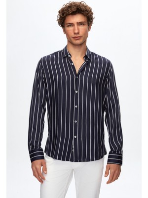 Twn Slim Fit Lacivert Çizgi Baskılı Gömlek 4EC02SN042591