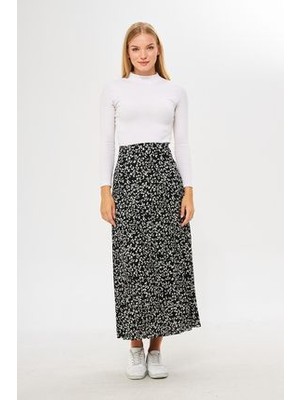 Siyah Çıtır Çiçek Desen Uzun Pileli Etek, Çiçek Desenli Yazlık Etek, Krep Etek, Tesettür Etek