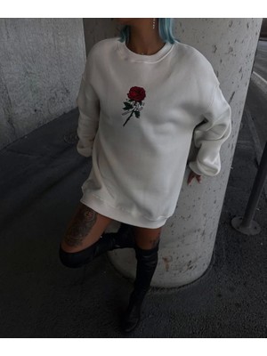 Oversize Üç Iplik Bisiklet Yaka Baskılı Sweatshirt - Beyaz