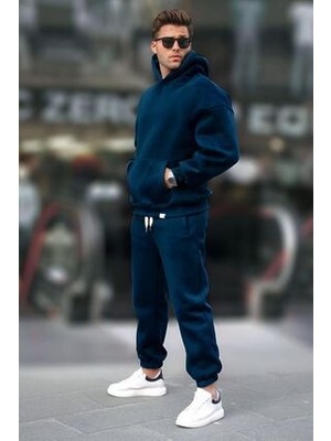 Erkek Lacivert Kapşonlu 3 Iplik Şardonlu Paça Lastikli Eşofman Takımı