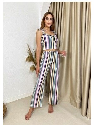 Kadın Lila Çizgili Yumuşak Kumaş Bağcıklı Pijama Takımı