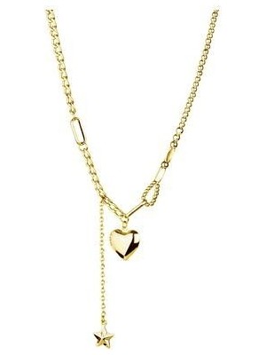Kalp ve Yıldız Detay Zincir Kolye Gold