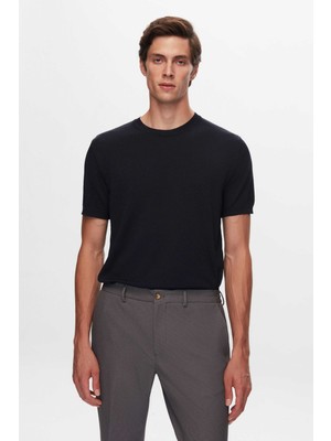 TWN Slim Fit Lacivert Düz Örgü Rayon Triko T-Shirt