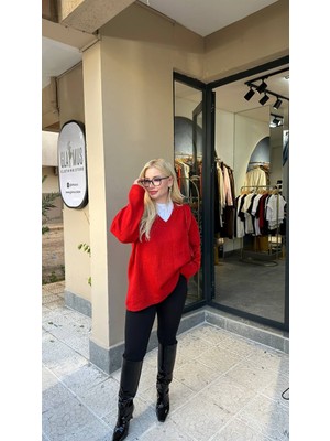 glam Kırmızı V Yaka Oversize Kazak