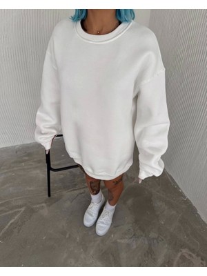 Kışlık Bisiklet Yaka Üç Iplik Basic Sweatshirt - Beyaz