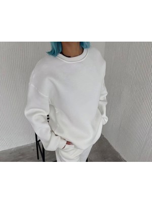 Kışlık Bisiklet Yaka Üç Iplik Basic Sweatshirt - Beyaz