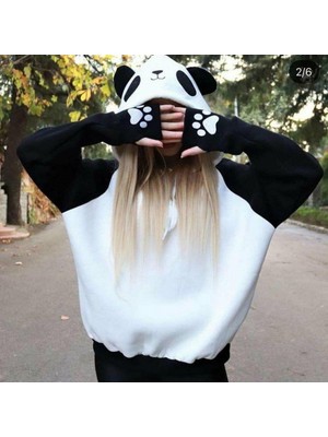 Kadın Panda Üç Iplik Kumaş Kapüşonlu Polar Sweat 65 cm