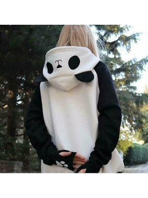 Kadın Panda Üç Iplik Kumaş Kapüşonlu Polar Sweat 65 cm