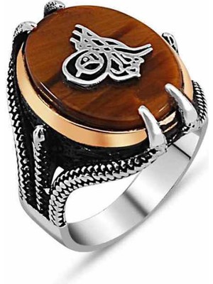 Inure Jewelry Gümüş Kaplan Gözü Taşlı Tuğralı Erkek Yüzük