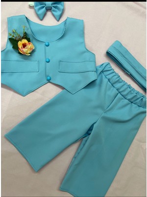 Erkek Çocuk Bebe Mavi Smokin, Erkek Çocuk Pantalon Yelek Papyon Kemer Set, Erkek Çocuk Mevlüt Takım