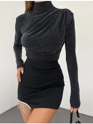 peri tower Kadın Dik Yaka Büzgülü Bluz Uzun Kol Polyester Kumaş Trend Regular Kalıp