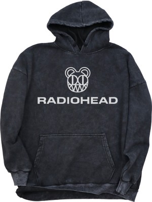 Unisex Radiohead Yazılı Kapüşonlu Yıkamalı Sweatshirt, Oversize Rock Band Baskılı Vintage Hoodie