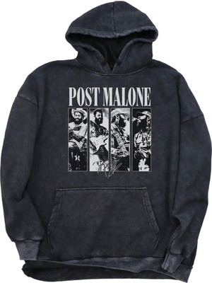 Unisex Post Malone Yazılı Kapüşonlu Yıkamalı Sweatshirt, Oversize Rapper Baskılı Retro Hoodie