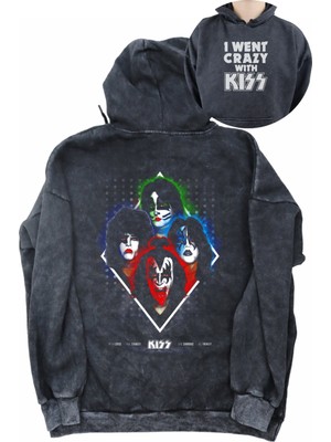 Fuddy Moda Unisex Kiss Rock Band Sırt Baskılı Kapüşonlu Yıkamalı Sweatshirt, Oversize Baskılı Vintage Hoodie