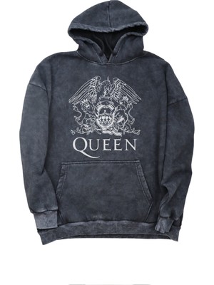 Unisex Queen Yazılı Kapüşonlu Yıkamalı Sweatshirt, Oversize Rock Band Baskılı Retro Hoodie