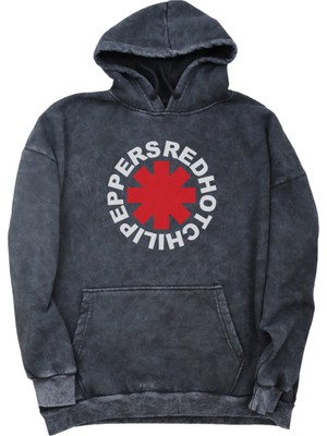 Unisex Red Hot Chili Peppers Yazılı Kapüşonlu Yıkamalı Sweatshirt,oversize Rock Band Baskılı Hoodie
