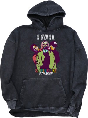 Unisex Nirvana Yazılı Kapüşonlu Yıkamalı Sweatshirt, Oversize Rock Band Baskılı Vintage  Hoodie