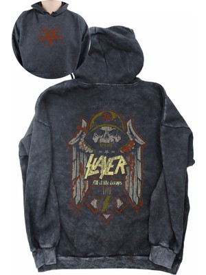 Unisex Slayer Rock Band Sırt Baskılı Kapüşonlu Yıkamalı Sweatshirt, Oversize Baskılı Retro Hoodie