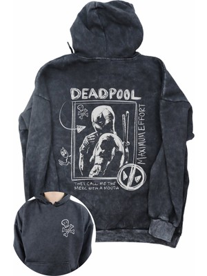 Fuddy Moda Unisex Deadpool Funny Sırt Baskılı Kapüşonlu Yıkamalı Sweatshirt, Oversize Deadpool Baskılı Hoodie