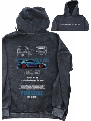 Unisex Mavi Porssche Sırt Baskılı Kapüşonlu Yıkamalı Sweatshirt, Oversize Araba Temalı Retro Hoodie