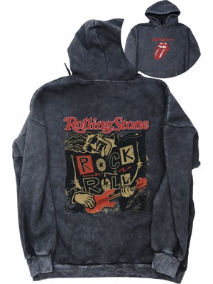 Unisex Rolling Stone Sırt Baskılı Kapüşonlu Yıkamalı Sweatshirt, Oversize Rock Band Baskılı Hoodie